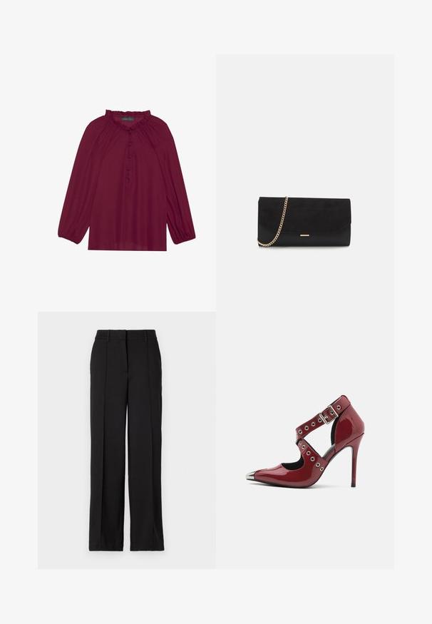 Blusa burdeos con mangas largas abullonadas, un escote con volantes y un cierre de botones en la parte delantera. Tejido suave y ligero con una textura lisa.; Pantalones negros con un diseño de pierna recta, con dos pliegues en la parte frontal, una cinturilla y sin bolsillos visibles ni adornos.; Zapato de tacón alto de charol rojo con diseño cortado, ojales circulares plateados y punta afilada, que cuenta con un acento metálico en la punta.; Bolso de mano negro hecho de ante con un acabado texturizado, que presenta una cadena dorada y un diseño elegante y angular.