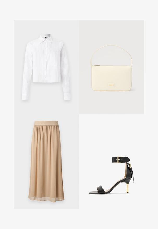 Witte cropped button-up shirt met lichtblauwe verticale strepen, lange mouwen, één borstzak en klassieke kraag. Katoenmix stof.; Beige midi-rok met een brede elastische tailleband waarop de merknaam staat. Zacht, vloeiend materiaal met een gladde textuur en een eenvoudig ontwerp.; Zwarte leren sandalen met hak en vierkante neus, enkelband met een gouden gesp en een slanke metalen hak. Soepele textuur, minimalistisch ontwerp.; Roomkleurige rechthoekige handtas met een enkele draagband en een ritssluiting aan de bovenkant, met een klein ingegraveerd logoplacaat op de voorkant.