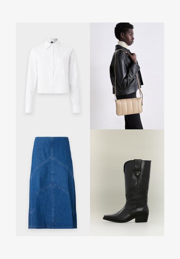 Chemise courte blanche à boutons avec des rayures verticales bleu clair, manches longues, poche poitrine unique et col classique. Tissu en mélange de coton.; Jupe crayon en denim bleu foncé avec des coutures verticales et une silhouette droite. Comprend une taille et un ourlet brut.; Botte de cow-boy haute en cuir noir avec bout pointu, talon épais et languette avec un petit logo doré.; Sac en cuir beige en bandoulière avec un design matelassé, de forme rectangulaire, avec une fine sangle et des détails en métal argenté, porté par une personne en veste noire.