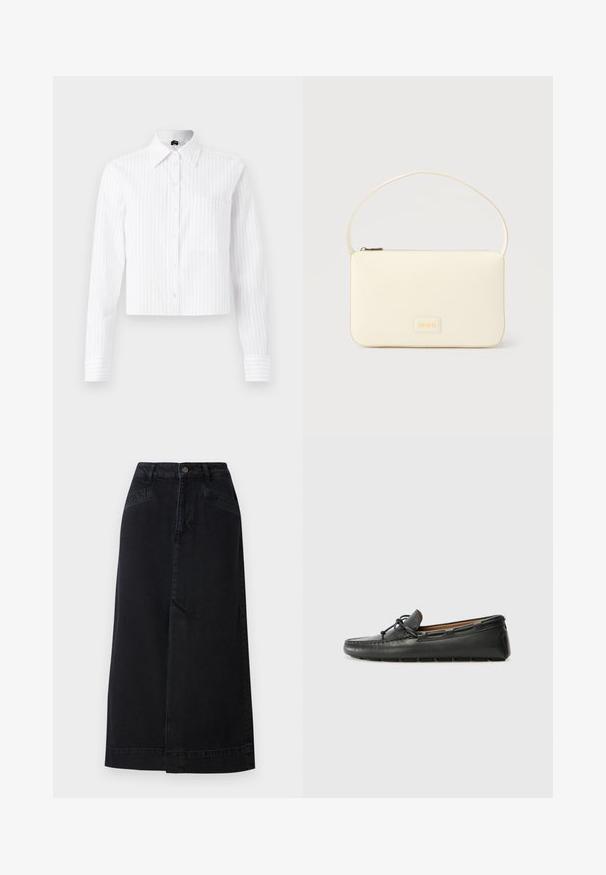 Camisa blanca corta con botones y rayas verticales azul claro, de mangas largas, con un bolsillo en el pecho y cuello clásico. Tejido mezcla de algodón.; Falda midi de mezclilla negra con forma recta, cierre de botones en la parte delantera y bolsillos laterales con sutiles detalles de costura.; Zapato náutico de cuero negro con punta redondeada, detalles de costura, pequeño lazo decorativo y suela de goma. Textura suave y diseño aerodinámico.; Bolso rectangular color crema con una sola correa y cremallera superior, con una pequeña placa de logotipo en relieve en el frente.