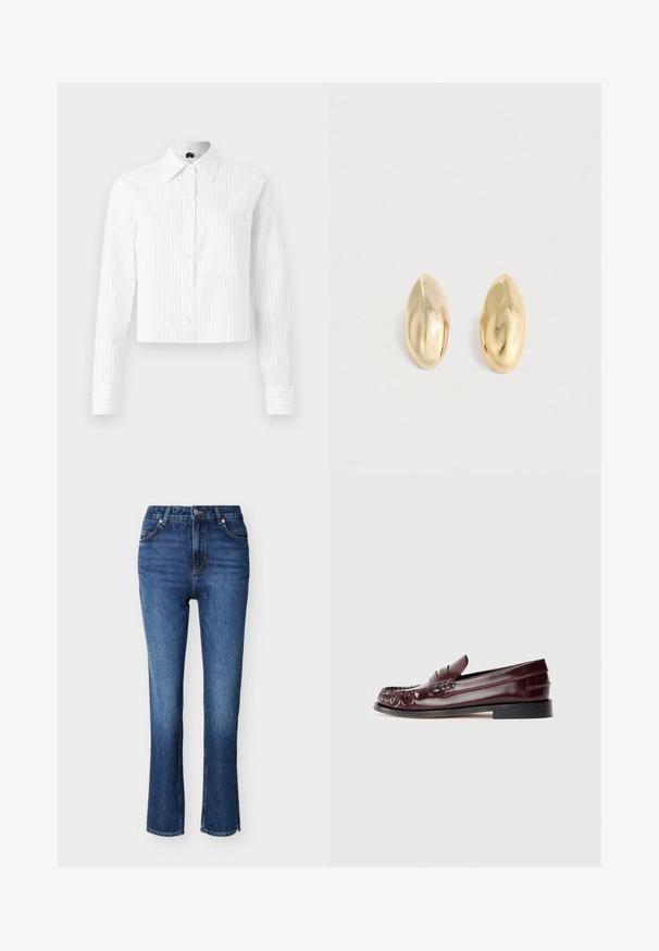 Chemise courte blanche à boutons avec des rayures verticales bleu clair, manches longues, poche poitrine unique et col classique. Tissu en mélange de coton.; Jean skinny en denim bleu foncé. Design à taille haute avec cinq poches, fermeture par bouton, et surpiqûres orange contrastantes sur les coutures.; Mocassin penny en cuir bordeaux avec semelle noire et détail en métal doré sur le dessus, présenté en vue latérale sur fond blanc.; Une paire de boucles d'oreilles en or, brillantes, lisses, en forme d'ovales irréguliers, posées sur une surface claire.