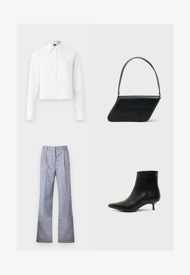 Hvid cropped button-up skjorte med lyseblå vertikale striber, lange ærmer, enkelt brystlomme og klassisk krave. Fabrik i bomuldsblanding.; Grå ternede bukser med bred ben-design, der har folder og en subtil tekstur. Lavet af letvægtsstof med en skræddersyet pasform.; Sort læder ankelstøvle med spids tå og lav kitten hæl på lys baggrund, der viser yderside.; Sort skuldertaske i læder med trekantet form, præget logo og en enkelt justerbar rem. Minimalistisk design med glat tekstur.