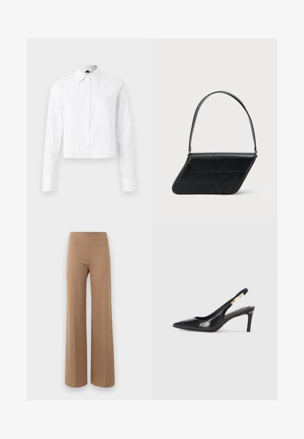 Hvid cropped button-up skjorte med lyseblå vertikale striber, lange ærmer, enkelt brystlomme og klassisk krave. Fabrik i bomuldsblanding.; Løse bukser i lys brun, strækbart stof med en glat tekstur og et højt, elastisk taljebånd. Ingen synlige lukninger eller lommer.; Sort læder slingback højhælede sko med spidse tæer, glat overflade og en smal ankelrem med guldfarvede hardware detaljer.; Sort skuldertaske i læder med trekantet form, præget logo og en enkelt justerbar rem. Minimalistisk design med glat tekstur.