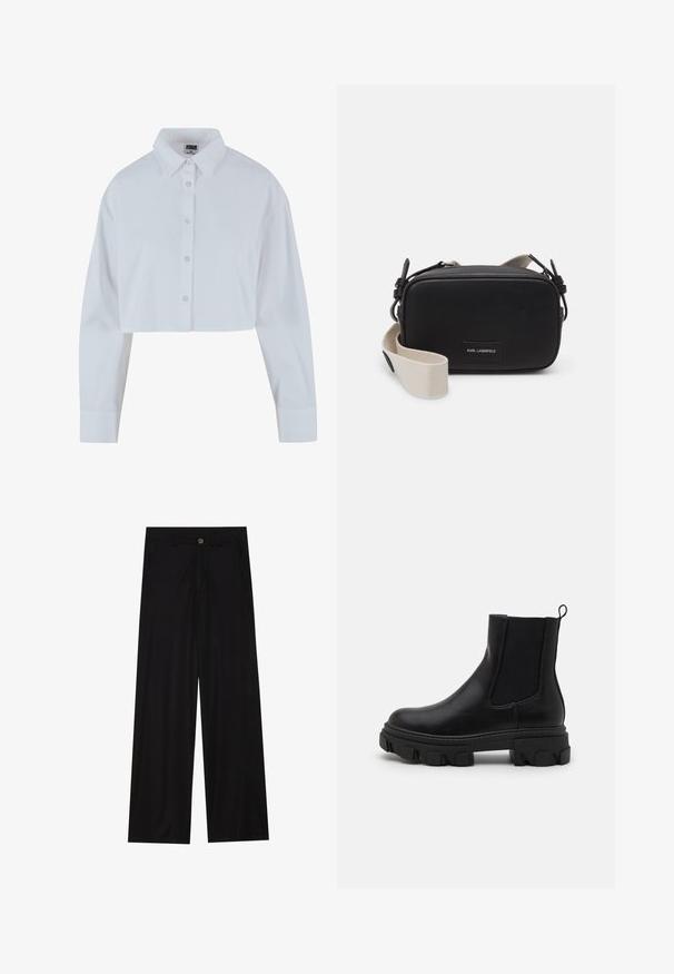 Chemise blanche courte à col pointu, à manches longues et à texture lisse. Comprend une patte de boutonnage à l'avant avec des boutons assortis.; Pantalons noirs à jambes larges en tissu lisse, avec poches avant et fermeture à bouton à la taille. Design minimaliste sans motifs.; Bottines en cuir noir avec des panneaux latéraux élastiques, semelle en caoutchouc épaisse et une languette. Présente une texture lisse et un motif de semelle défini.; Sac à main en cuir noir, de forme rectangulaire, avec une sangle en tissu et une fermeture éclair en métal. Détails de l'étiquette à l'avant.