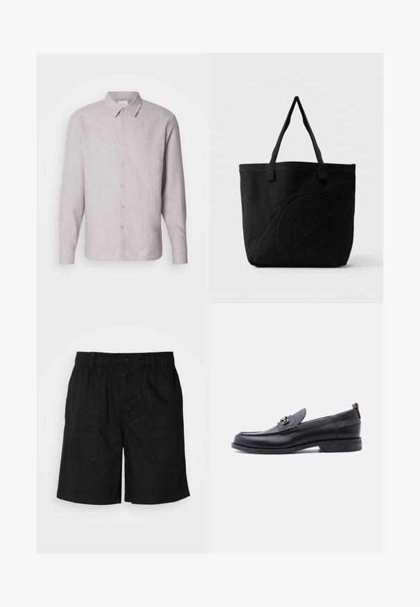 Camisa de lino gris claro con cuello, manga larga y cierre de botones. Presenta una textura sutil y botones perlados a lo largo de la botonera.; Pantalones cortos negros con una cinturilla elástica y cierre de botón. Cuenta con dos grandes bolsillos laterales de tela texturizada. Diseño casual.; Mocasín de cuero negro con empeine gris texturizado, detalle de hebilla metálica plateada, tacón bajo y lengüeta para tirar en la parte trasera.; Bolsa tote de lona negra con dos correas para el hombro y un diseño circular en relieve sutil en el frente.