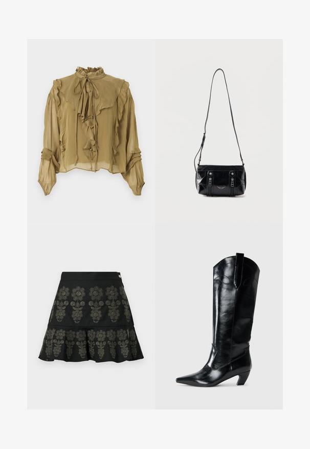 Blouse transparente vert olive avec col monté à volants, manches longues bouffantes et volants avant retombants avec fermeture à nouer.; Jupe noire avec broderie florale en gris foncé. Elle présente un ourlet évasé et une taille structurée avec une fermeture à pression métallique.; Bottes en cuir noir montantes jusqu'au genou, avec une pointe effilée, un talon bas, et des détails de couture décoratifs sur les côtés. Fini lisse et brillant.; Sac à bandoulière en cuir noir avec sangle réglable, deux fermetures éclair verticales sur le devant et un petit emblème métallique en forme d'aile sous les fermetures éclair.