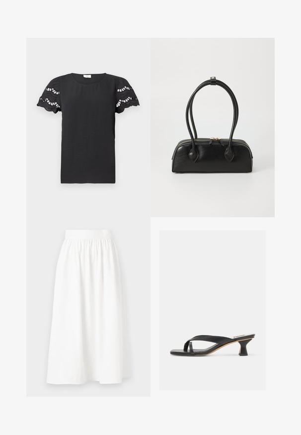 Blouse noire à manches courtes texturée avec des manches en dentelle découpées en forme de vagues et un col rond sur fond blanc.; Jupe midi blanche avec une taille élastiquée, présentant un design plissé pour une silhouette fluide, fabriquée en tissu léger et doux.; Sandale à talon en cuir noir avec lanière en forme de tongs et talon kitten incurvé unique sur fond neutre.; Sac à main en cuir noir avec deux anses allongées, fermeture éclair et forme arrondie ; texture lisse avec une finition légèrement brillante.