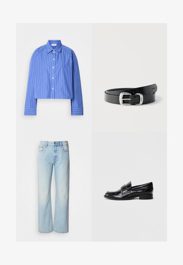 Chemise bleue raccourcie avec des rayures verticales blanches, col classique, manches longues et fermeture à boutons ; fabriquée en tissu lisse et léger.; Jeans à jambes larges bleu clair en denim, présentant un design classique à cinq poches et une texture légèrement décolorée. La couture en denim est visible.; Mocassin en cuir noir brillant avec petit talon et emblème métallique décoratif sur le cou-de-pied, présenté de profil sur fond blanc.; Ceinture en cuir noir enroulée avec boucle en métal argenté gravée "Calvin Klein" sur un fond blanc uni.