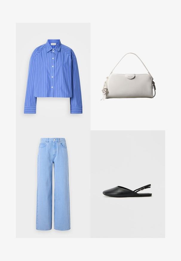 Geknipte blauwe shirt met verticale witte strepen, klassieke kraag, lange mouwen en knoopsluiting; gemaakt van een soepele, lichte stof.; Lichtblauwe wijde denim jeans. Heeft een aangesloten taille met riemlussen en voorzakken, stiksel details en een schone zoom.; Zwarte leren slingback schoenen met een puntige neus, gebogen ontwerp en verstelbare gesp. Glad textuur, platte zool, minimale details.; Witte rechthoekige Calvin Klein handtas met enkele handgreep, minimalistisch ontwerp en decoratieve kwastjes met geometrische metalen hanger aan de zijkant.