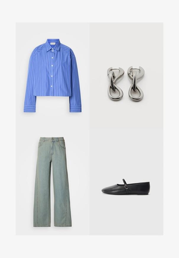 Geknipte blauwe shirt met verticale witte strepen, klassieke kraag, lange mouwen en knoopsluiting; gemaakt van een soepele, lichte stof.; Lichtblauwe rechte jeans van denim, met een knoop- en ritssluiting, vijf zakken en contrasterende stikseldetails.; Zwarte leren balletschoenen met een spitse neus, platte zool en een kleine strap met een zilveren gespsluiting.; Set zilverkleurige metalen oorbellen met een abstract ontwerp van in elkaar grijpende lussen op een witte achtergrond.