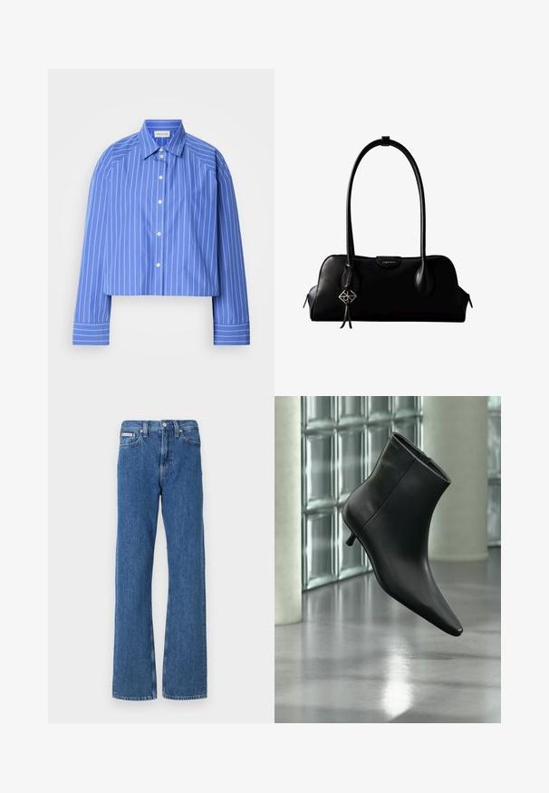 Camisa azul recortada con rayas blancas verticales, cuello clásico, mangas largas y botones en el frente; hecha de una tela suave y ligera.; Vaqueros de mezclilla azul con un diseño de pierna recta, con una cintura de altura media, bolsillos delanteros y un sutil detalle desgastado.; Botín negro de cuero con punta puntiaguda y tacón bajo estilo kitten, mostrado en ángulo sobre un suelo pulido y con una pared de bloques de vidrio de fondo.; Bolso de mano negro de cuero Calvin Klein con asas largas, una etiqueta con el logo frontal y un colgante geométrico plateado que cuelga de una de las asas.