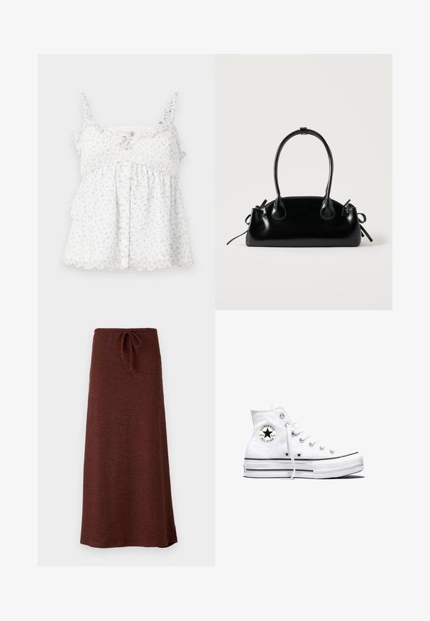 Hollister Co. BARE FEMME BABYDOLL - Top - white; Falda larga de punto marrón con cintura ajustable. Textura suave, diseño ligeramente acampanado y un color sólido sin patrones ni acentos.; Zapatilla blanca de caña alta Converse Chuck Taylor All Star con parche de logo negro y cordones blancos, presentada sobre fondo blanco.; Pequeño bolso negro brillante con dos asas largas y detalles de cordón lateral sobre un fondo claro liso.