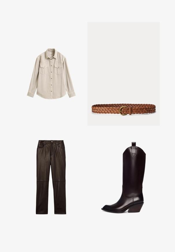 Chemise beige à manches longues avec boutons, deux poches poitrine à rabat et un col, présentée sur fond blanc.; Reiss VERONA REGULAR FIT - Pantalon en cuir - chocolate; Botte de cowboy en cuir marron avec un bout pointu, une tige haute et un talon en bois incliné. Dispose d'une boucle pour un enfilage facile.; Ceinture en cuir tressé marron avec une boucle ronde en métal doré sur fond blanc.