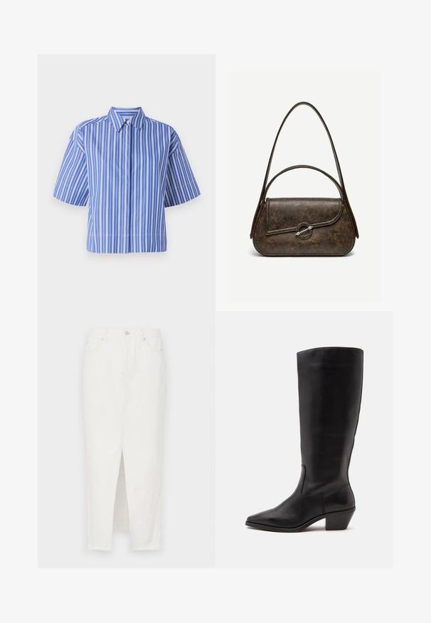 Chemise à col à manches courtes rayée bleue et blanche, avec une coupe ample et des boutons centrés. Texture de tissu lisse.; Jupe en denim blanc avec une fente à l'avant, dotée d'une fermeture par bouton et fermeture éclair, cinq poches et un ourlet brut en bas.; Botte en cuir noire mi-mollet avec un bout pointu et un talon bas incliné sur un fond clair uni.; Sac à main en cuir brun foncé texturé avec deux anses, forme rectangulaire arrondie, et fermeture à bouton circulaire argenté sur le rabat avant.