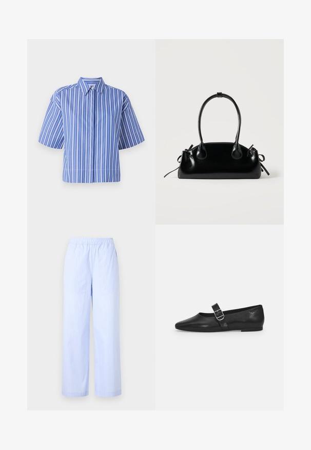 Blauw-witte gestreepte short-sleeve shirt met een kraag, met een boxy pasvorm en knoopdetails in het midden. Soepele stoftextuur.; Lichtblauwe gestreepte broek met een elastische tailleband, wijde pijpen, zijzakken en een gladde textuur. Geen extra versieringen.; Zwarte leren platte schoen met een ronde neus, een enkele verstelbare gespsluiting en een gladde, glanzende textuur. Minimalistisch ontwerp met een lage hak.; Kleine zwarte glanzende handtas met twee lange hengsels en zijkant trekkoord details op een effen lichte achtergrond.