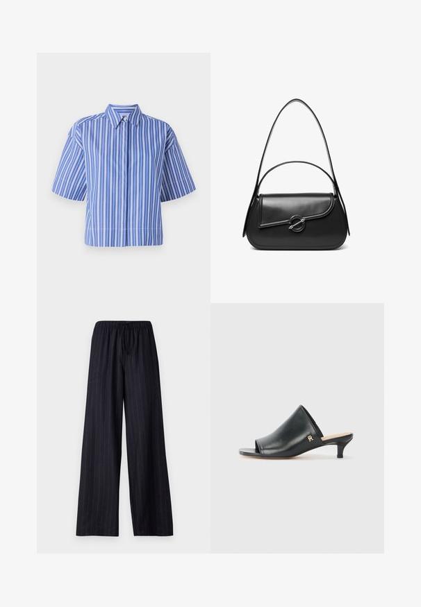 Blauw-witte gestreepte short-sleeve shirt met een kraag, met een boxy pasvorm en knoopdetails in het midden. Soepele stoftextuur.; Zwarte pinstriped wijde broek met een elastische tailleband en aantrekkoord. Gemaakt van een soepele stof zonder zichtbare sluitingen of zakken.; Zwarte leren open teen muiltjes met een lage hak. Heeft een glad oppervlak en een gouden logo accent aan de zijkant.; Zwarte leren schoudertas met een gebogen klep die is bevestigd met een ronde metalen sluiting en een smalle, verstelbare band.