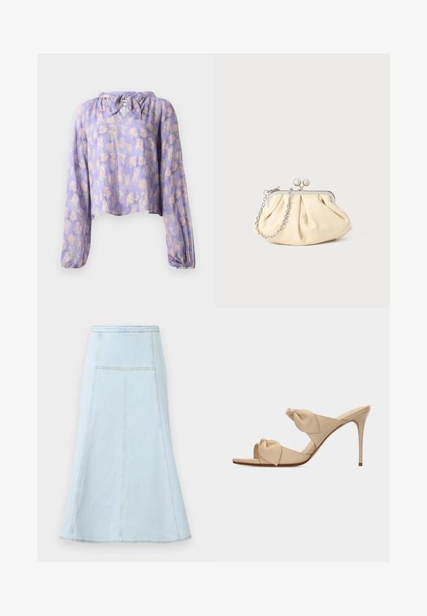 Blomsterbluse i lys lilla stof med lange puffede ærmer og en bundet halsudskæring. Har et delikat print af pink og grønne blomster.; Lyseblå denim A-line nederdel med høj talje, der har lodrette syninger og en bredere kant for ekstra bevægelse.; Beige åben tå højhælet mule-sandal med to snoede knudestrimler og en slank stilet-hæl på hvid baggrund.; Plisseret beige læderclutch med en sølvmetalramme, der har to runde dekorative låse og en sølvkædetrasporte.