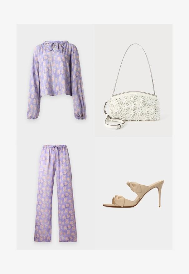 Blomsterbluse i lys lilla stof med lange puffede ærmer og en bundet halsudskæring. Har et delikat print af pink og grønne blomster.; Lyslilla blomstrede bukser med elastisk talje og snor. Har et blødt stof, vidde ben-design og et mønster af pink og grønne blomster.; Beige åben tå højhælet mule-sandal med to snoede knudestrimler og en slank stilet-hæl på hvid baggrund.; Hvid håndtaske med kæde-rem, dækket af 3D blomsterapplikationer med metalnitter i midten og en aftagelig skulderrem i læder.