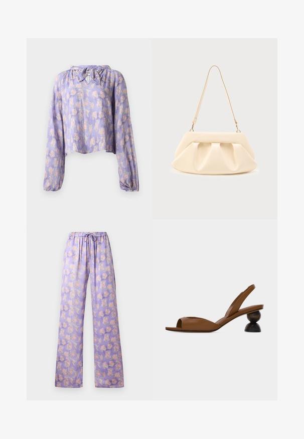 Blomsterbluse i lys lilla stof med lange puffede ærmer og en bundet halsudskæring. Har et delikat print af pink og grønne blomster.; Lyslilla blomstrede bukser med elastisk talje og snor. Har et blødt stof, vidde ben-design og et mønster af pink og grønne blomster.; Brun åben tå slingback-sandal med en karakteristisk rund, todelt træhæl på en ensartet lys baggrund.; Cremefarvet læderhåndtaske med sammenrullede plisseringer, guldfarvet hardware og en enkelt tynd skulderrem på en ensfarvet baggrund.