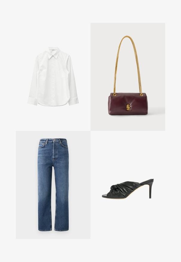Hvid langærmet skjorte med knapper, spids krave og manchetter, lagt fladt mod en hvid baggrund.; Høj talje denim jeans i blå, med lige ben, fem lommer og hardware i kobberfarve. Glat tekstur og klassisk design.; Sort læder mule med åben tå og knudet detalje på overdelen samt slank høj hæl, vist i profil på hvid baggrund.; Lille rektangulær mørkebrun læderhåndtaske med en guldfarvet kæderem og en gylden lås foran.