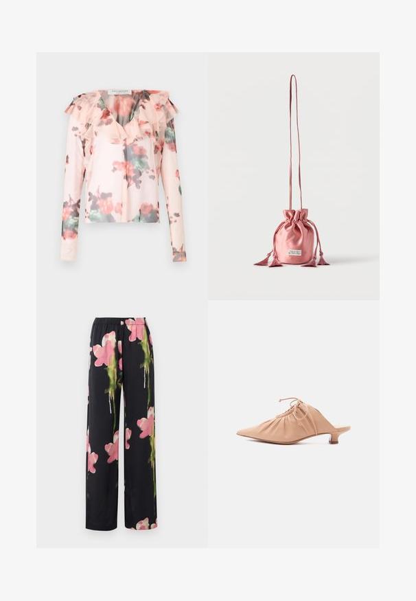 Blusa de manga larga floral en rosa claro con cuello con volantes. Presenta un patrón floral en acuarela con acentos en rojo y verde. Tejido semitransparente.; Pantalones de pierna ancha florales con un fondo negro, que presentan flores en estilo acuarela en tonos rosa y verde. Tela suave con cintura elástica.; Zueco de mujer de cuero beige con puntera puntiaguda, parte superior fruncida, cordón ajustable y tacón bajo de estilo kitten sobre fondo blanco.; Bolsa de satén rosa con cordón, asa larga y detalles de borlas, de pie sobre un fondo blanco liso.