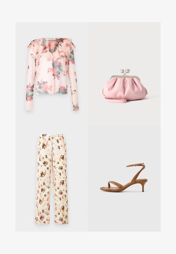 Blouse à manches longues à motif floral en rose clair avec un col rufflé. Présente un motif floral aquarelle avec des accents rouges et verts. Tissu semi-transparent.; Pantalons larges à fleurs en crème, avec un mélange de fleurs roses, orange et noires. Tissu lisse avec une coupe décontractée et sans poches extérieures.; Sandale en cuir marron avec lanières, talon bas en forme de petit escarpin et bride à la cheville avec une petite boucle, vue de côté sur un fond uni.; Petit sac pochette doux rose avec cadre métallique argenté et fermoir rond, reposant sur une surface plate et claire avec une bride de poignet repliée devant.