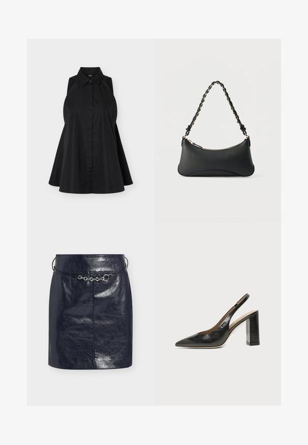 Robe chemise noire sans manches avec col à revers et patte de boutonnage dissimulée, silhouette évasée, présentée sur fond blanc.; Mini-jupe en similicuir noir brillant avec une fine ceinture cordon noire ornée d'accents métalliques argentés circulaires à l'avant.; Chaussure slingback en cuir noir à bout pointu avec un talon bloc haut et une doublure intérieure beige sur un fond clair uni.; Sac à bandoulière en cuir noir de forme rectangulaire incurvée, avec une chaîne dorée tissée dans la bandoulière noire tressée et une fermeture éclair sur le dessus.