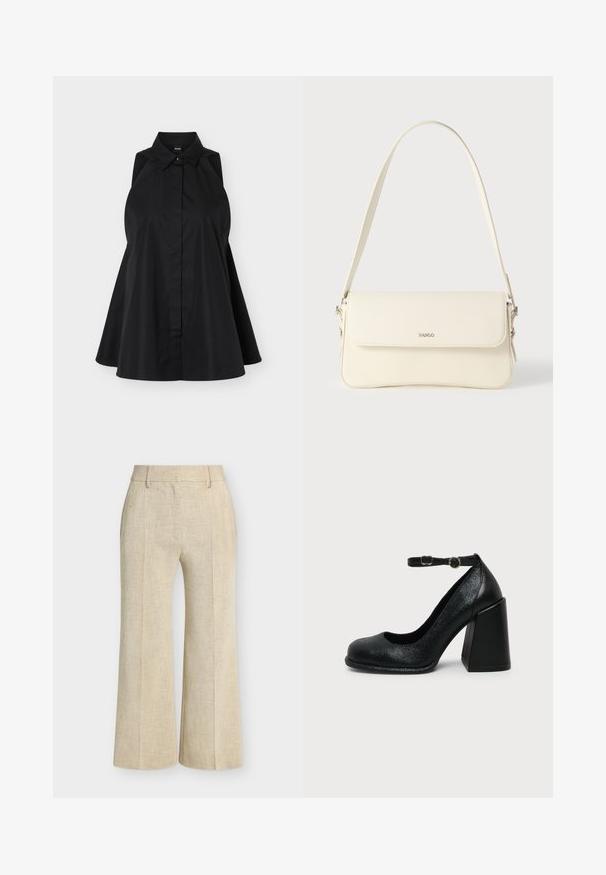 Robe chemise noire sans manches avec col à revers et patte de boutonnage dissimulée, silhouette évasée, présentée sur fond blanc.; Pantalon beige à jambes larges avec passants de ceinture, plis devant et finition en tissu texturé.; Chaussure à talon haut en cuir noir avec bout arrondi et bride de cheville réglable avec boucle dorée sur fond uni clair.; Sac à bandoulière en cuir couleur crème avec fermeture à rabat, quincaillerie argentée, une bandoulière réglable et un logo discret.