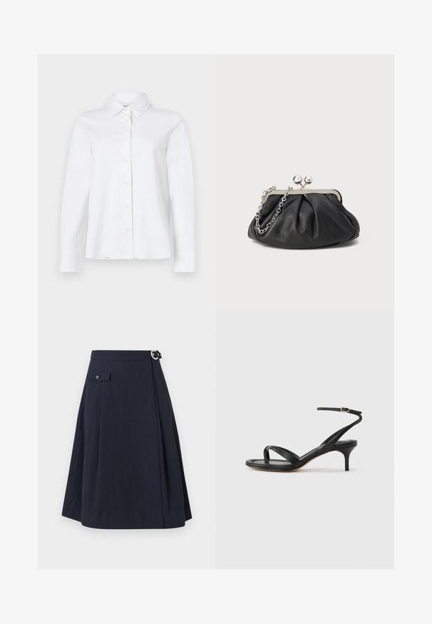 CLOSED CLASSIC SHIRT WITH STRAP DETAIL - Blusa - white; Falda en línea A de color azul marino con cierre de botón lateral, que presenta un bolsillo frontal y una tela suave y ligera con un ligero brillo.; Sandalia negra de cuero para mujer con tiras finas, un lazo para el dedo del pie, hebilla en el tobillo y tacón de aguja de altura media sobre un fondo neutro.; Clutch de cuero negro con textura arrugada, marco de metal en tono plateado, cierre de beso y cadena para colgar. Superficie suave y lisa.