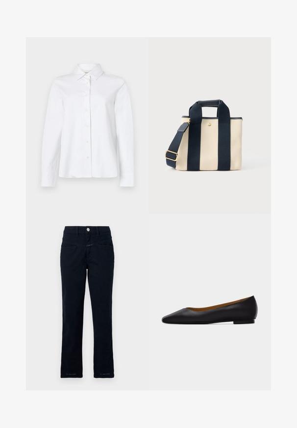 CLOSED CLASSIC SHIRT WITH STRAP DETAIL - Chemisier - white; Pantalon bleu marine en coton extensible avec une coupe droite, poches avant et fermeture à bouton à la taille.; Chaussure plate en cuir noir à bout pointu avec talon bas et finition lisse, vue de côté sur un fond gris clair.; Petit sac fourre-tout beige en toile avec deux larges sangles verticales noires, une poignée courte et une bandoulière réglable avec boucle dorée.