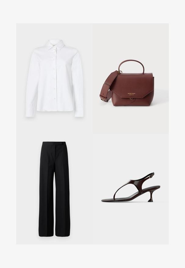 CLOSED CLASSIC SHIRT WITH STRAP DETAIL - Chemisier - white; Pantalons noirs à jambe large avec une texture lisse et mate. Ceinture plate sans matériel ni motifs visibles. Design simple et élégant.; Sandale slingback en cuir verni marron foncé avec petit talon et bride entre les orteils sur fond blanc.; Sac à main en cuir marron avec une poignée supérieure, une large bandoulière réglable et un logo Emporio Armani doré sur le rabat avant.