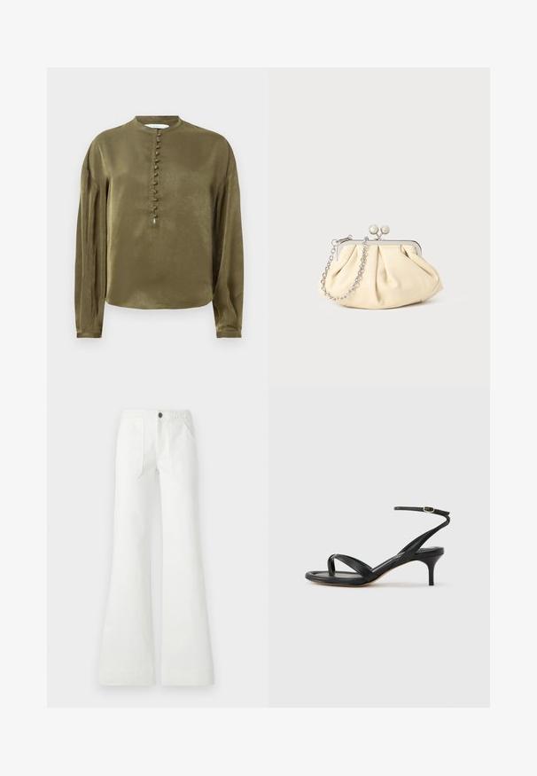 Blouse à manches longues vert olive avec un col haut et une rangée verticale de boutons recouverts de tissu sur le devant.; Pantalon évasé blanc en tissu tissé, avec une ceinture tressée, deux poches avant et une texture lisse. Fermé avec un bouton noir.; Sandale pour femme en cuir noir avec fines lanières, une boucle d'orteil, une boucle à la cheville et un talon aiguille de hauteur moyenne sur un fond neutre.; Pochette en cuir beige plissé avec un cadre en métal argenté, dotée de deux fermoirs ronds décoratifs et d'une chaîne en argent.