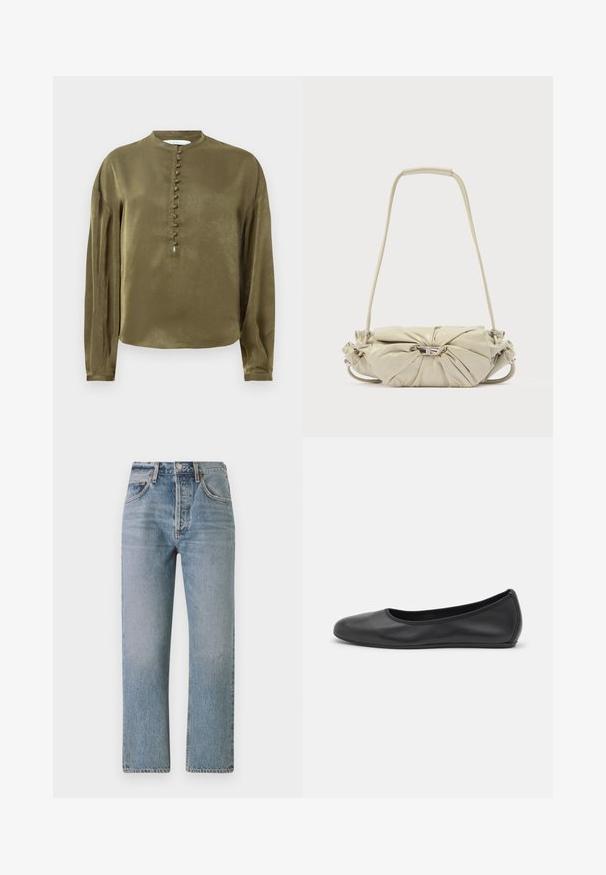 Oliven grøn langærmet bluse med høj krave og lodret række af stofbetrukne knapper ned langs midten.; Lyseblå denimjeans med lige pasform, høj talje og klassisk femlomme-design. Har diskret sliding og lynlås.; Sort læderballetsko med rund tå, glat tekstur, minimal syning og et fleksibelt såldesign.; Beige skuldertaske i læder med samlet design og sølv spænde, der har en lang rem og polstret håndtag.