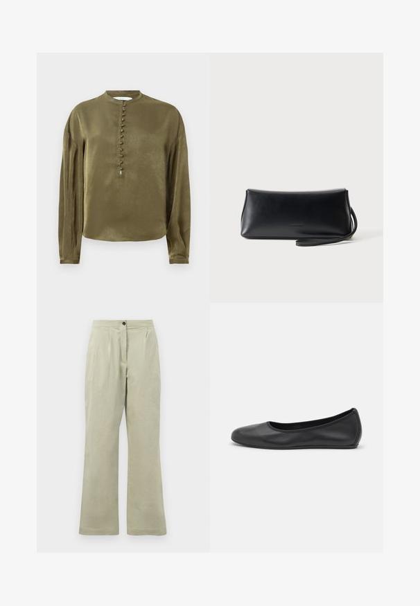Olijfgroene blouse met lange mouwen, hoge kraag en een verticale rij van met stof bedekte knopen langs het midden voor.; Lichtgroene wijde broek van zacht materiaal, met een knoopsluiting aan de voorkant, plooien en een nette zoom.; Zwarte leren ballerina met een ronde neus, gladde textuur, minimale stikdetails en een flexibele zoolontwerp.; Zwarte gladde leren clutch met smalle polsband, rechthoekige vorm en subtiel geperst logo in het midden aan de voorkant.