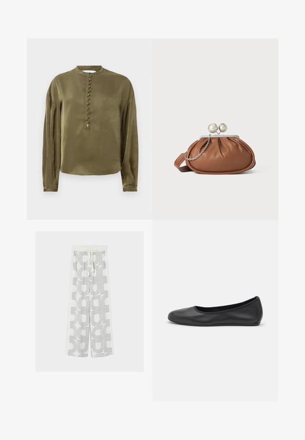 Blouse à manches longues vert olive avec un col haut et une rangée verticale de boutons recouverts de tissu sur le devant.; Pantalon blanc à jambes larges avec motifs géométriques noirs en demi-cercle et taille à cordon, sur un fond clair uni.; Ballerines en cuir noir avec un bout rond, texture lisse, détails de couture minimalistes et design de semelle flexible.; Pochette en cuir marron avec un fermoir à boule en argent et un petit détail en chaîne argentée sur fond blanc.