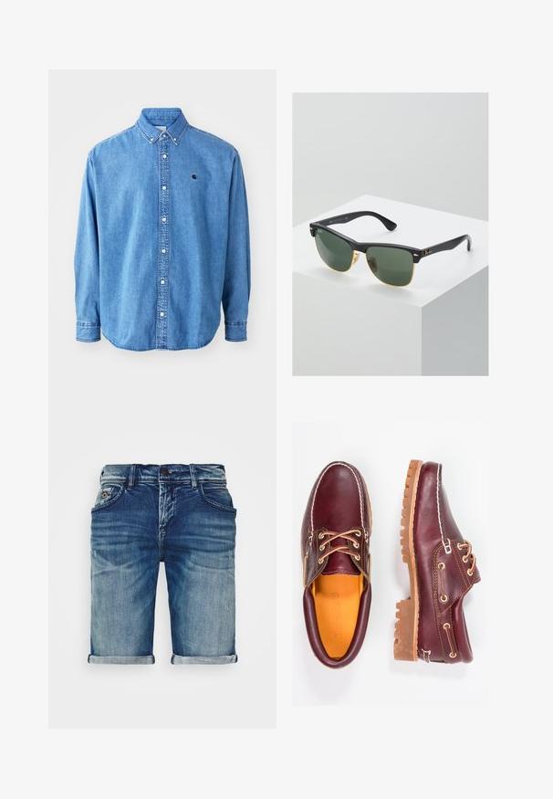 Camisa de denim abotonada, de color azul claro, con cuello de punta, mangas largas y un pequeño logotipo en el pecho. Cuenta con botones blancos y costuras cosidas.; Shorts de mezclilla en azul medio con un acabado ligeramente desgastado. Presentan dobladillos doblados, diseño de cinco bolsillos y cierre de botón de metal.; Zapatos de cuero burdeos con suelas de goma marrón, puntera redonda, costuras blancas y ojales dorados. El interior cuenta con un forro amarillo.; Gafas de sol Ray-Ban con lentes verdes, montura de plástico negro y acentos dorados en los bordes. Forma cuadrada con acabado mate.