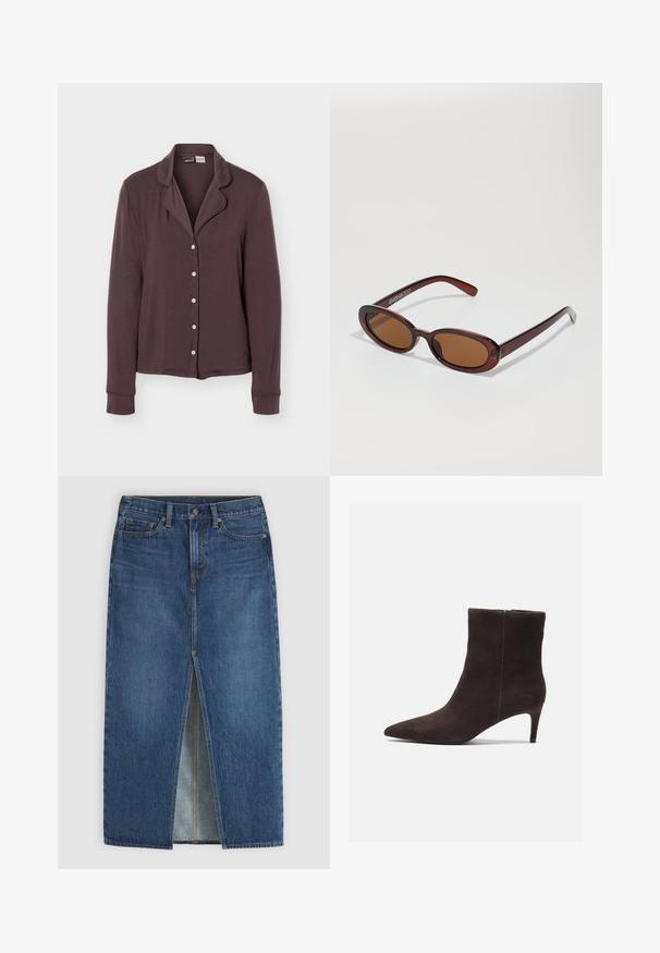 Dunkelbraunes, langärmliges Hemd mit Knöpfen, Kragen und fünf weißen Knöpfen, vor einem schlichten hellgrauen Hintergrund dargestellt.; Blauer Denim-Midirock mit mittigem Frontschlitz, Gürtelschlaufen, Knopfverschluss und Fünf-Taschen-Stil.; Braune Wildleder-Ankelstiefel mit spitzem Zehenbereich und 7,5 cm Absatz, ausgestattet mit einer glatten Textur und minimalistischen Design. Reißverschluss auf der Rückseite.; Runde, braun getönte Sonnenbrillen mit einem glänzenden burgunderfarbenen Rahmen. Schlanke Bügel mit dezentem Branding. Flaches Linsendesign.