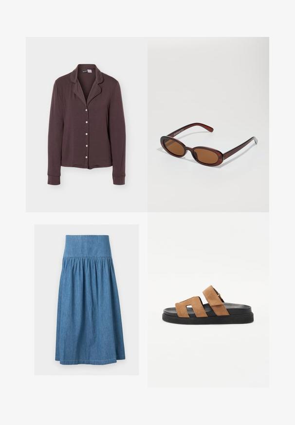 Chemise marron foncé à manches longues avec col et cinq boutons blancs, présentée sur un fond uni gris clair.; Jupe en denim bleu mi-longue avec une large ceinture élastique et un tissu froncé pour une silhouette légèrement évasée.; Sandales à glissière en suède marron avec deux larges bretelles, une semelle en caoutchouc noir et un design lisse et plat. Caractéristiques minimalistes et orteils ouverts.; Lunettes de soleil rondes teinte brun avec une monture bordeaux brillante. Branches fines avec un détail de marque subtil. Design de verres plats.