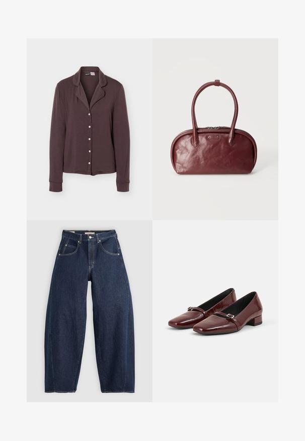 Chemise marron foncé à manches longues avec col et cinq boutons blancs, présentée sur un fond uni gris clair.; Jean en denim bleu foncé, à coupe ample, avec des coutures claires, cinq poches et un bouton de fermeture à la taille.; Paire de chaussures brillantes rouge foncé à petits talons avec une petite bride à boucle sur le dessus, posées sur un fond gris clair uni.; Sac à main en cuir rouge foncé aux bords arrondis, deux poignées et une fermeture éclair sur le dessus, présenté sur un fond clair uni.