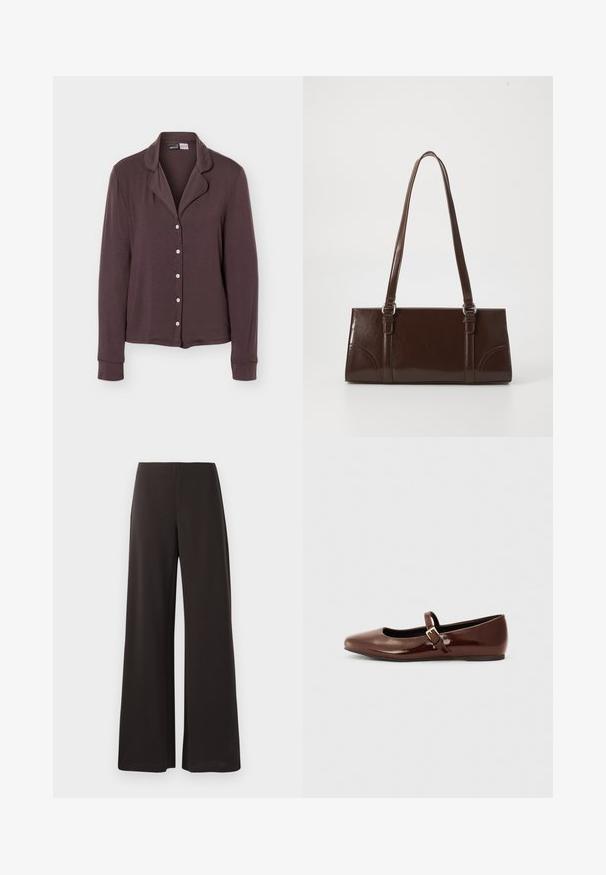 Camisa de manga larga color marrón oscuro con cuello y cinco botones blancos, exhibida sobre un fondo liso de color gris claro.; Pantalones de pierna ancha negros, hechos de una tela suave y elástica. Presentan una cintura alta y un diseño limpio y minimalista sin cierres visibles.; Bailarina de charol marrón con punta cuadrada y tira que presenta una pequeña hebilla dorada. Textura suave, tacón bajo y diseño minimalista.; Bolso de mano de piel sintética marrón con forma rectangular, dos asas largas y sutiles acentos curvados en la parte delantera.