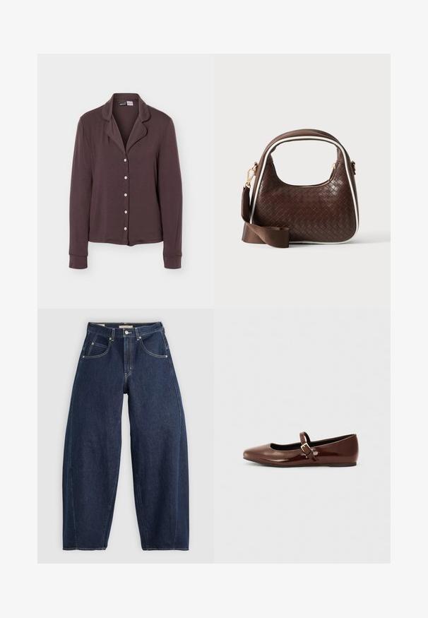 Mørkebrun langærmet skjorte med knapper, krave og fem hvide knapper, vist på en ensfarvet lysegrå baggrund.; Mørkeblå denim jeans med løs pasform, lyse syninger, fem lommer og en knaplukning ved taljen.; Brun patentlæder balletflade med firkantet tå og strop med en lille guldbuckle. Glat tekstur, lav hæl og minimalistisk design.; Brun vævet læderhåndtaske med hvid piping, guldfarvet lynlås og aftagelig brun stofskulderrem.