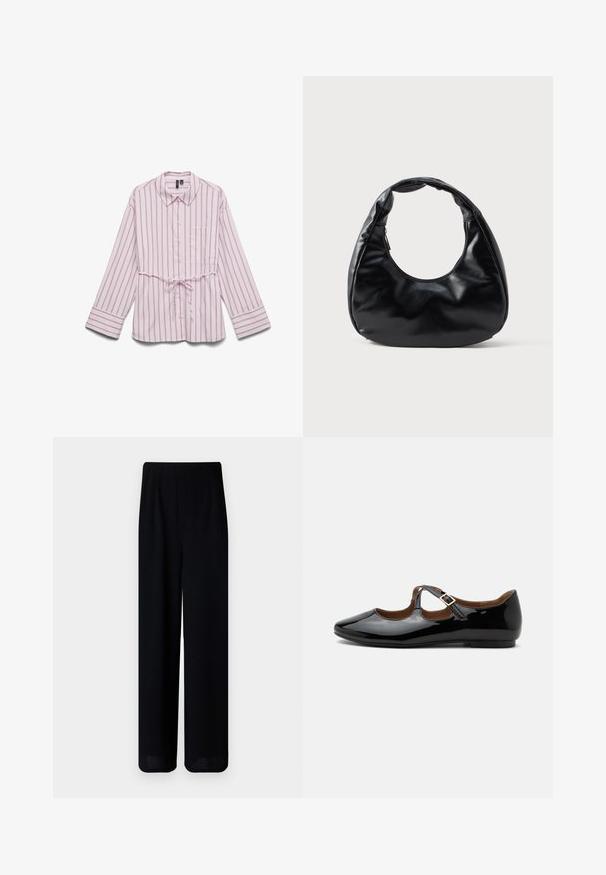Lyserød langærmet skjorte med tynde lodrette striber, brystlomme og et bundet taljebælte.; Vero Moda Petite VMLIVA SUPER WIDE PANTS - Bukser - black; Sort laklæder Mary Jane-flad sko med to udskæringer og en guldbuckelrem på hvid baggrund.; Sort faux læder håndtaske med en unik halvmåneform, et bredt, polstret håndtag og en lynlåslukning. Glat, blank tekstur og minimalistisk design.