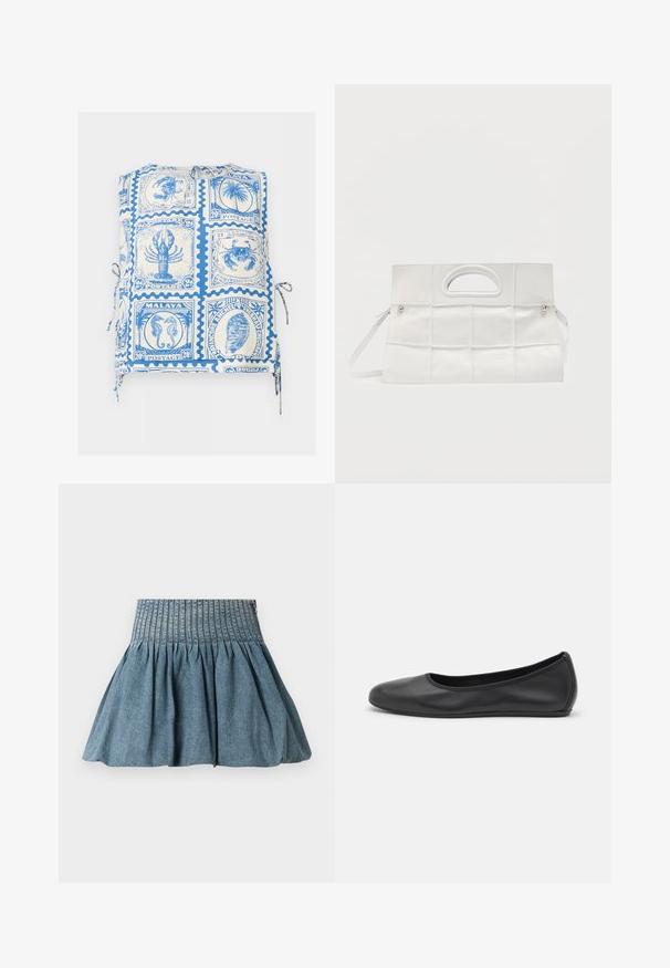 Ærmeløs top med blå og hvidt frimærkeprint med havdyr, muslinger og palmetræ-designs samt bånd i siderne.; Denimskørter med samlet tekstur, der har et bredt elastisk taljebånd. Farven er lyseblå med en blød, glat finish.; Sort læderballetsko med rund tå, glat tekstur, minimal syning og et fleksibelt såldesign.; Hvid rektangulær håndtaske med flettet lædermønster, udskåret håndtag øverst og aftagelig skulderrem på ensfarvet baggrund.