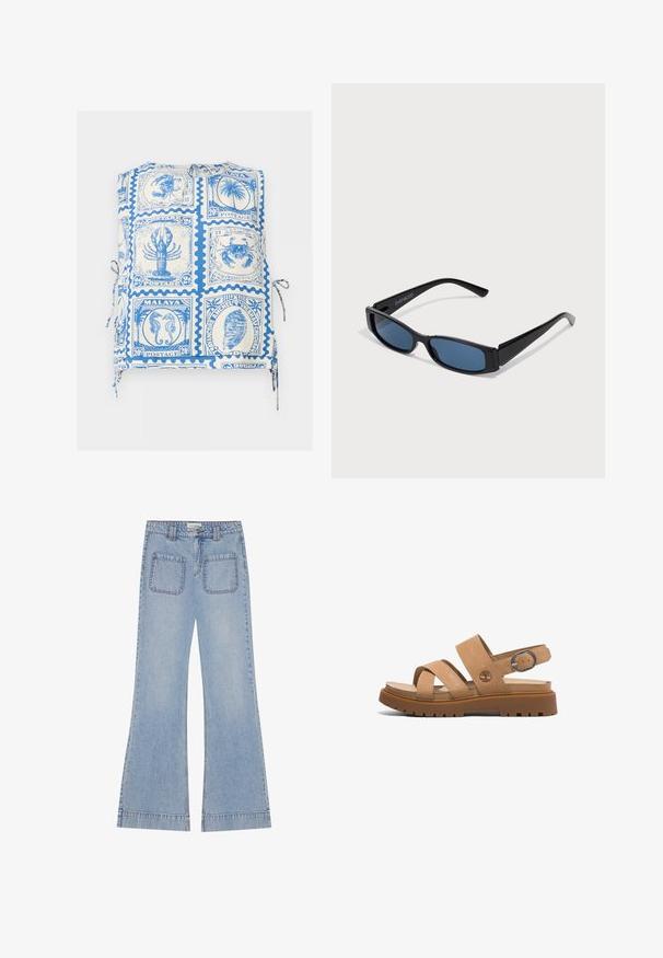 Ärmelloses Top mit blau-weißem Briefmarken-Print mit Meeresbewohnern, Muscheln und Palmenmotiven, mit seitlichen Bändern.; Helle blaue, ausgestellte Jeans mit hoher Taille, ausgestattet mit zwei Gesäßtaschen und sichtbaren Nähten entlang der Nähte.; Braune Ledersandalen mit zwei breiten Riemen, einem Riemen an der Rückseite mit einer Metallschnalle und einer robusten Gummisohle mit strukturiertem Muster.; Schwarze Sonnenbrille mit einem eleganten rechteckigen Rahmen und blauen Gläsern. Besitzt eine glatte Oberfläche und robuste Scharniere. Markenlogo an der Seite.