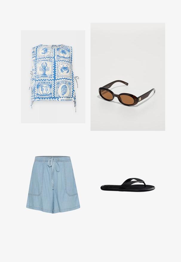 Mouwloos topje met blauw-witte postzegelprint met zeedieren, schelpen en palmboomontwerpen, met zijstrikjes.; Lichtblauwe denim shorts met een elastische tailleband, strikdetail, twee zijzakken en gestikte accenten.; Zwarte rubberen teenslipper met gestructureerd voetbed en teenriem, zijaanzicht op witte achtergrond.; Bruine schildpadzonnebril met ovale lenzen, met een dunne montuur en een kleine metalen accent aan de zijkant. Geverfd en gepolijst afwerking.
