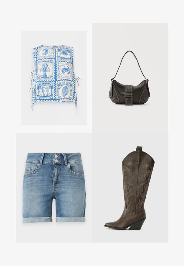 Top sans manches avec un imprimé de timbres bleus et blancs représentant des animaux marins, des coquillages et des motifs de palmiers, avec des liens sur les côtés.; Shorts en denim bleu avec ourlets retroussés, fermeture à double bouton, passants pour ceinture et poches avant sur fond blanc.; Botte de cowboy en cuir marron avec un embout pointu, un talon compensé et des broderies décoratives. Dispose d'un long tige et d'une languette de tirage.; Sac à épaule en cuir noir avec une sangle à boucle, des bords arrondis et des coutures blanches contrastées sur un fond uni.