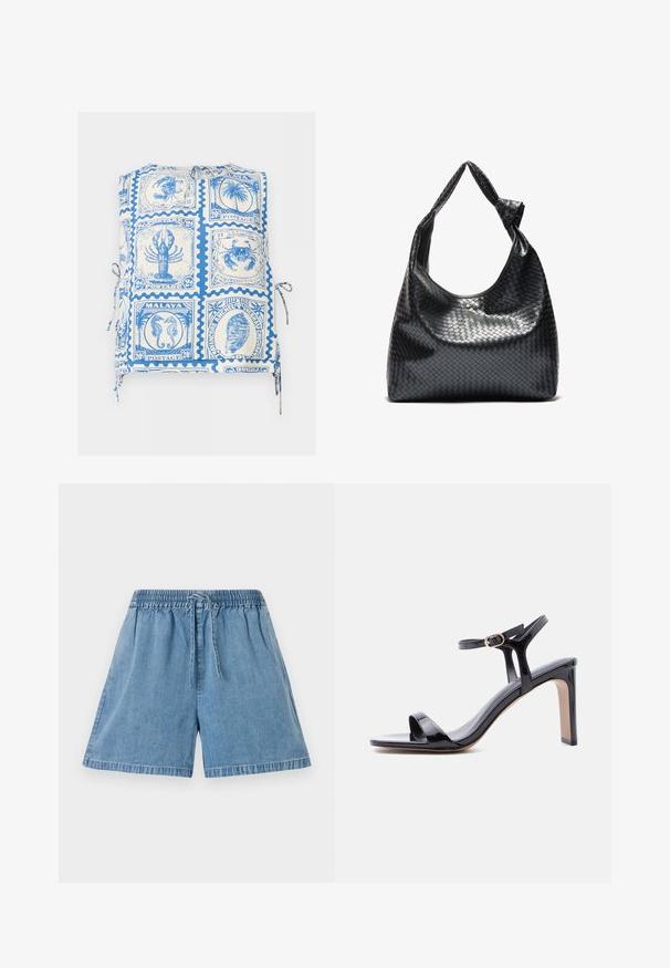 Top sans manches avec un imprimé de timbres bleus et blancs représentant des animaux marins, des coquillages et des motifs de palmiers, avec des liens sur les côtés.; Shorts en denim bleu clair avec une taille élastique et un cordon de serrage. Ils disposent de poches latérales et d'une coupe décontractée avec des ourlets cousus.; Sandale à talons hauts en cuir verni noir avec bride à la cheville et boucle dorée, bout ouvert et semelle carrée.; Sac à main en cuir tissé noir au design décontracté, avec une sangle nouée et une petite clou doré décoratif en haut.