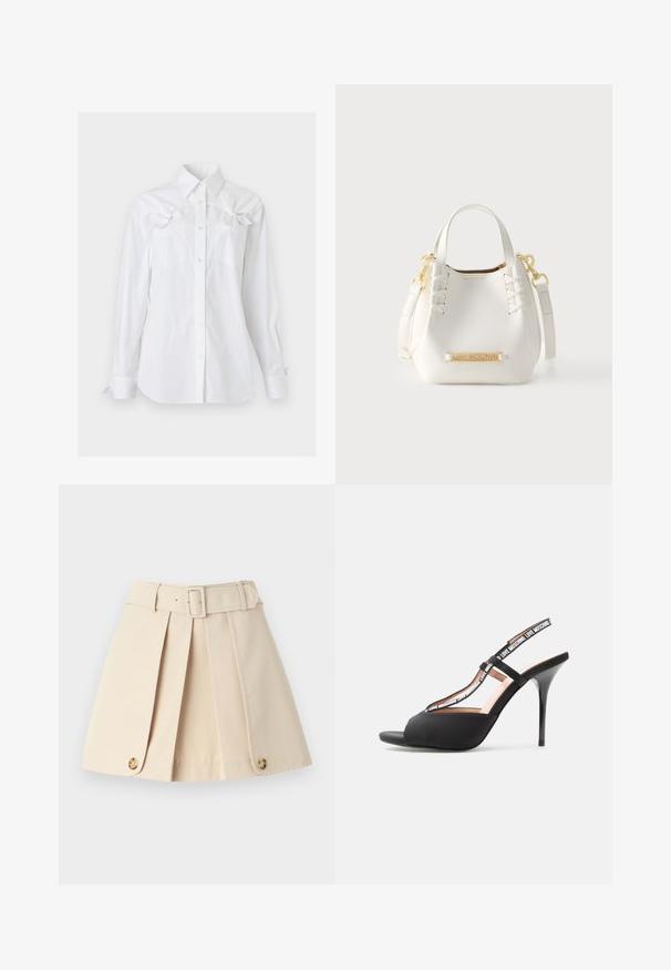 Camisa blanca de manga larga con cuello y dos bolsillos en el pecho, cada uno con un lazo decorativo cerca de la parte superior.; Falda de plisado beige con una cintura ajustada, amplios lazos para cinturón y botones decorativos en el dobladillo. Confeccionada con una tela suave y ligera.; Sandalia negra de tacón alto con puntera abierta y tiras con la marca "LOVE MOSCHINO" sobre un fondo claro y simple.; Bolso de cuero blanco tipo cubo con logo dorado "Love Moschino", asas dobles, correa de hombro desmontable y costuras decorativas en los laterales frontales.