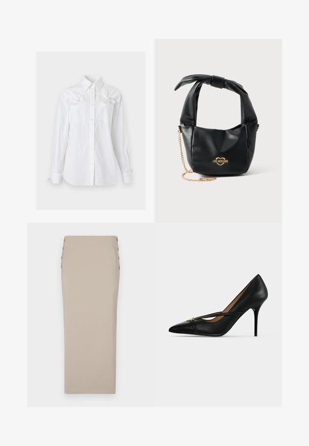 Chemise blanche à manches longues, boutonnée, avec un col et deux poches poitrine, chacune ornée d'un noeud décoratif près du haut.; Jupe crayon beige en tissu lisse, comportant des boutons sur le côté, une silhouette épurée et sans poches ni motifs visibles.; Chaussure à talon haut en cuir noir avec bout pointu et fine bride sur le dessus, maintenue par une petite boucle dorée sur un fond uni.; Sac à main Love Moschino en cuir noir souple avec poignée nouée et bandoulière chaîne dorée sur fond blanc.