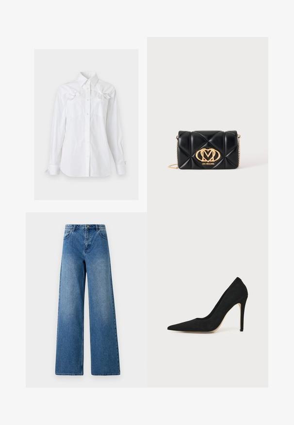 Witte blouse met lange mouwen, knoopsluiting, kraag en twee borstzakken, elk voorzien van een decoratieve strik vlak bij de bovenkant.; Wijduitlopende jeans van blauwe denim. Heeft een hoge taille, vijf zakken en een sluiting met een knoop aan de voorkant. Glad textuur met lichte vervaging.; Zwarte hoge hakken stiletto pump met spitse neus en een gladde structuur, zijaanzicht op een effen lichte achtergrond.; Zwarte doorgestikte leren handtas met gouden kettingriem en gouden Love Moschino-logo aan de voorkant in het midden.